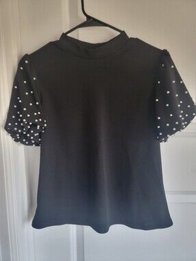 Express Black Mock Neck Pearl Embellished Puff Sleeve Top - Small NWOT